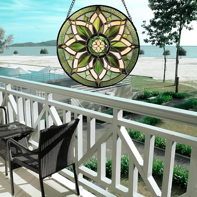 HWRHTR Stained Glass Window Hanging - White Green Boho Flower Suncatcher for Doors Window Home Sun Catchers Decor Christmas Mother's Day Birthday Gifts for Teacher Women Men Mom Nana 11.8 in