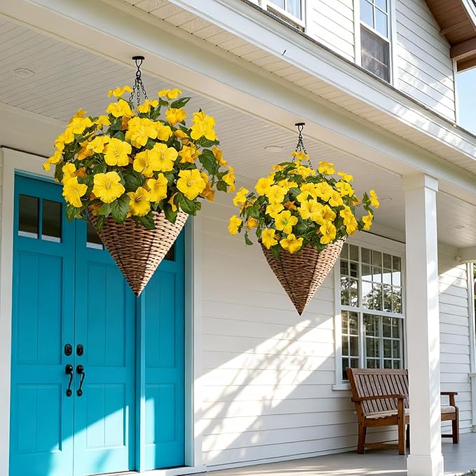 Brlita 19 Inch Artificial Fake Flowers for Outdoor,4 Pcs Faux Silk Petunias Spring Flowers for Outside for Indoor Porch Planter Front Door Garden Patio Window Box Home Decor(Yellow)