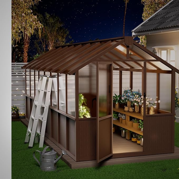 8x16 FT Wooden Greenhouse,Natural Wood Garden House for Plants,Heavy Duty Green House with Polycarbonate Panl, Walk-in Large Garden Greenhouse for Yard, Patio, and Backyard