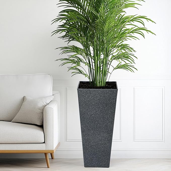 Autodaya 28" Plant Pots Tall Planters for Plants Outdoor Set of 2 Plastic Planter Pot Large Flower Pots Indoor Weather-Resistant for Patio, Porch, Garden, Front Door Christmas Decor Terrazzo Black