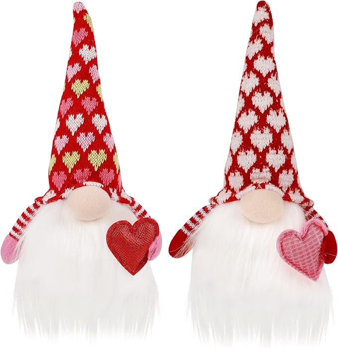 Juegoal 2 Pack Lighted Valentines Gnomes Decorations, Handmade Mini Scandinavian Swedish Tomte, Light Up Elf Holiday, Battery Operated Valentine Gift Tabletop Ornament