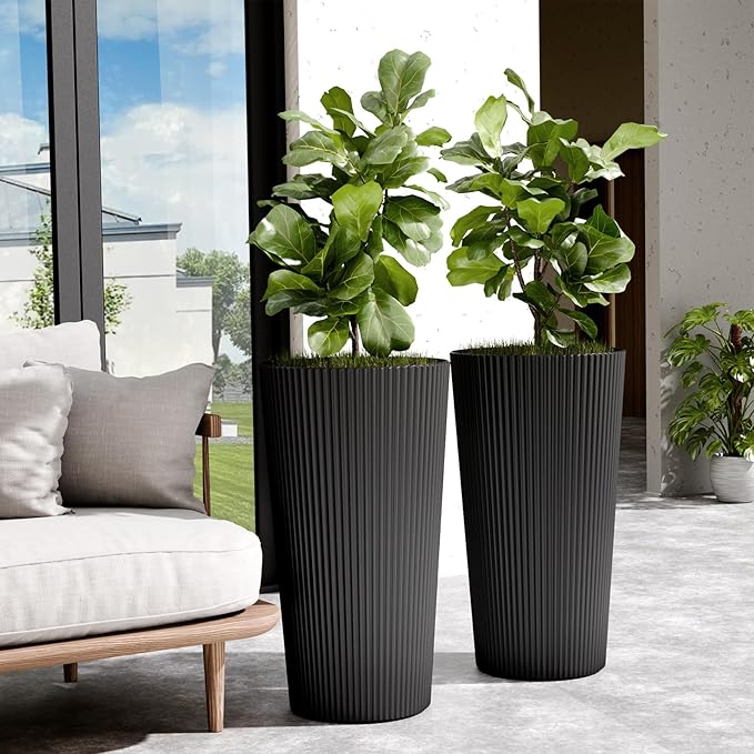 Diyfire Tall Outdoor Planter Front Porch Decor Set of 2-23.6" H Tall Planters for Outdoor Plants with Drainage Hole, Round Conical Design Flower Pots for Indoor/Patio/Garden, Black