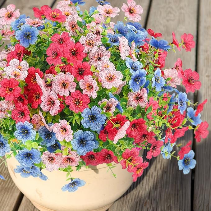 Artificial Spring Flowers Outdoors UV Resistant Plastic Flowers Outdoors Faux Flowers Fake Plants Outside for Garden Porch Planters Silk Flowers Daisy Decor, 6 Bundles (Mix Rose Red Blue Pink)