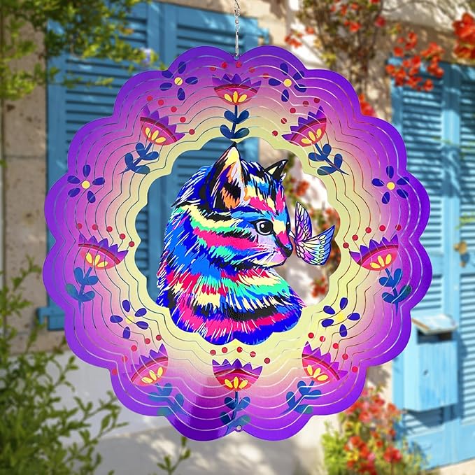 Cat Wind Spinners Metal Gifts for Cat Lovers Women Mom Grandma,12inch Hanging Wind Chime for Outdoor&Indoor Decor for Yard Garden Ornament