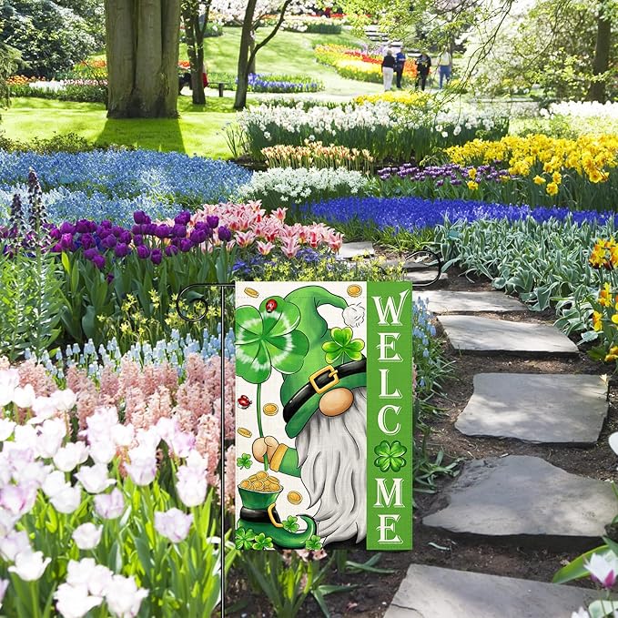 St Patricks Day Gnome Garden Flag 12×18 Inch Double Sided Vertical Farmhouse Yard Outdoor Holiday Yard Lawn Garden Banner (St Patricks Day Garden Flag)