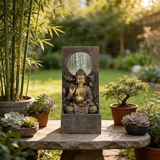 Ferrisland Buddha Waterfall Fountain Outdoor, Freestanding Relaxing Water Fountain, Asian Zen Fengshui Patio Garden Backyard Decking Home Decor, Gift Ideas (Gold, 27.6" H)