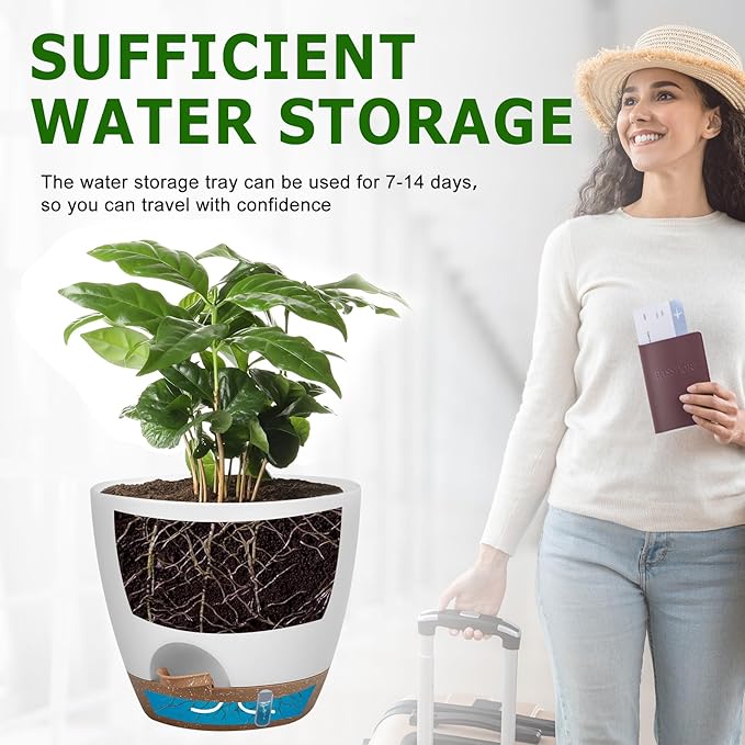 Self-Watering Plant Pots with Water Level Indicator, Drainage Holes & Saucers โ 12/10/9 Inch Large Plastic Planter Set for Indoor & Outdoor Plants (White)