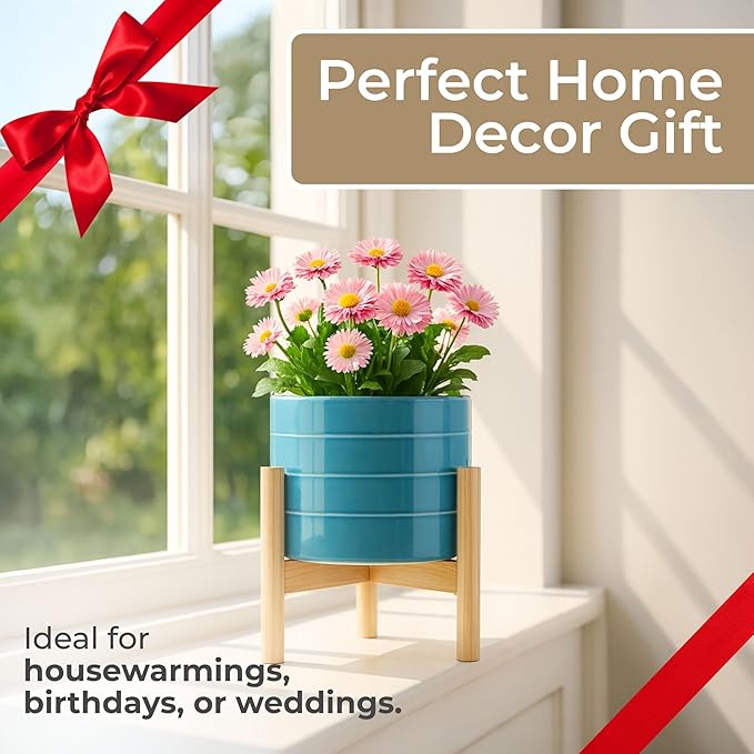Ceramic Planter with Wooden Stand – Modern Home Decor Stoneware Plant Pot with Elevated Base – Decorative Indoor & Outdoor Planter with Legs for Living Room, Bedroom, Patio, or Garden – 9", Blue