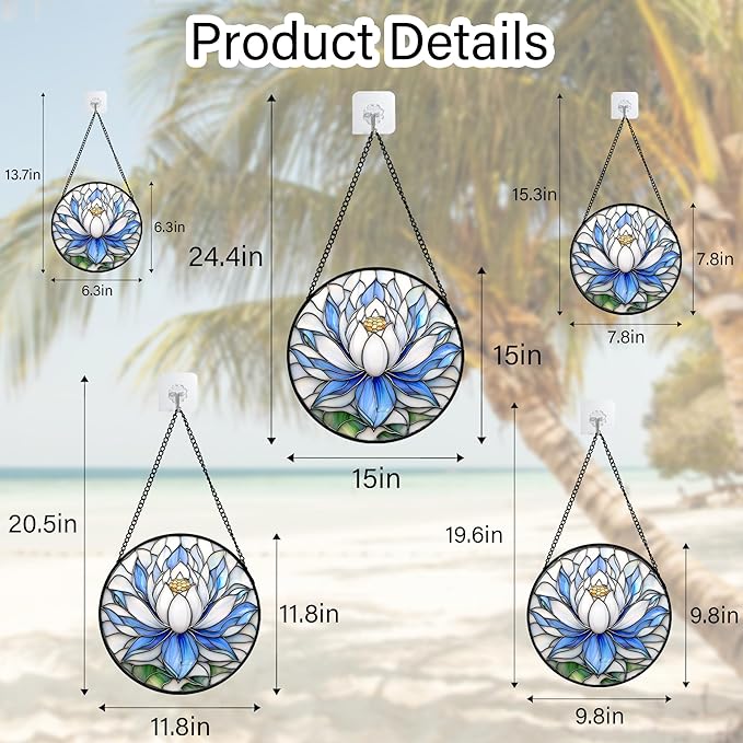 HWRHTR Stained Glass Window Hanging - Blue and White Lotus Petal Suncatcher for Doors Window Home Sun Catchers Decor Christmas Mother's Day July Birthday Gifts for Teacher Women Men Mom Nana 14.9 in