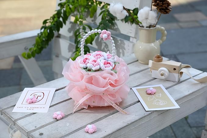 YOOJEE Crochet Flower Bouquet Pink Valentines Day Gift for Her Wife Girlfriend Women Sister Handmade Knitted Rose Basket for Mother Women Teachers Coworkers Gradient Pink Yarn Flower