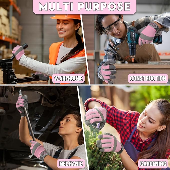 HANDLANDY Work Gloves for Women, Breathable Leather Gardening Glove for Yard Maintenance, Hand Protection with Touch Screen for Gardeners, Farmers