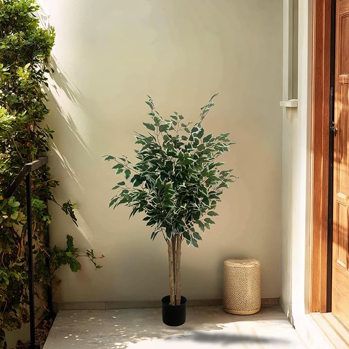 XBrand 47.2-Inches Two-Tone Variegated Artificial Ficus Tree in Pot for Indoor Outdoor Home Office Store, Great Housewarming Gift