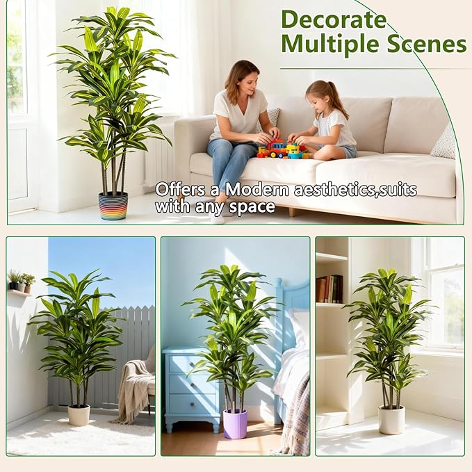 Dracaena Artificial Plant Indoor 4FT - Tall Faux Floor Plant in Pot - Large Tropical Fake Tree with Lifelike Leaves - Artificial Dracaena Tree for Home Office Living Room Decor