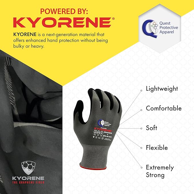 Quest Protective Apparel Cut Resistant Work Gloves (ANSI A1) – Lightweight Graphene Gloves for Gardening, DIY, Mechanical & General Handling – Breathable Grip Gloves for Men & Women – Small, Pack of 3