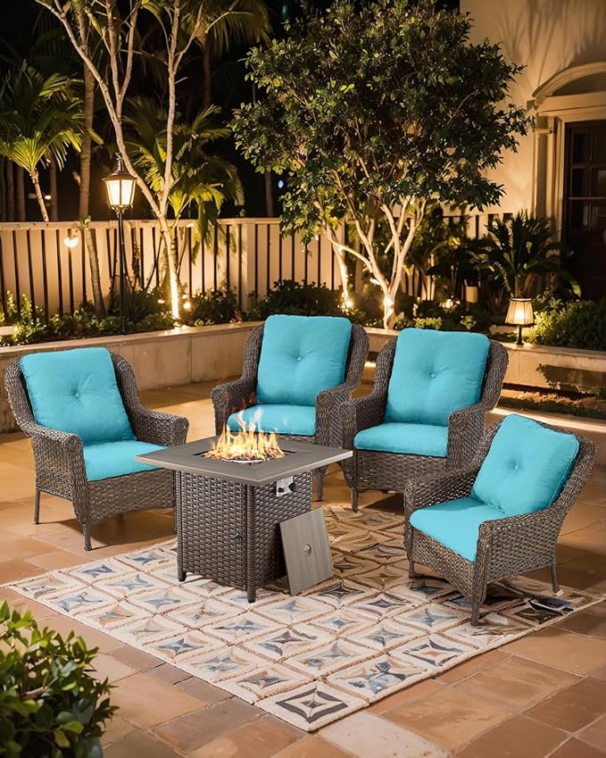 Outdoor Patio Chairs with Fire Pit Table 5 Piece Set - High Back Brown Wicker Rattan Lawn Chair with Thick Cushion for Porch Apartment Deck Yard Poolside Garden - Turquoise