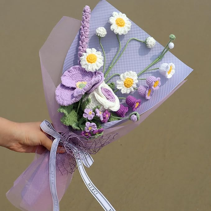 YOOJEE Crochet Purple Ombre Rose Tulip Bouquet Christmas Pet-Safe Handmade Knitted Florals for Women Coworkers Teachers with Greeting Card