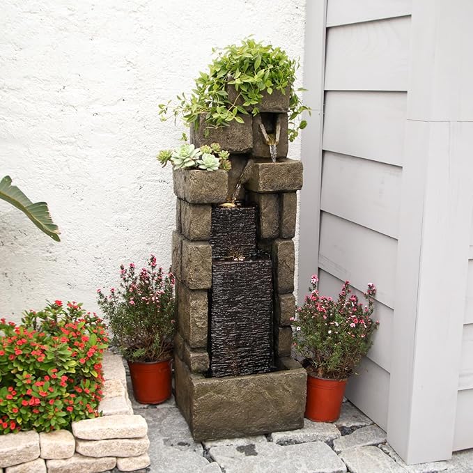 YZM 42.72" H Stacked Brick Style Outdoor Water Fountain with LED Lights Vertical Cascading Water Feature for Garden Patio Balcony and Yard Decor