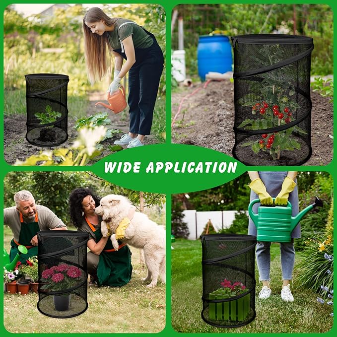 Zofylux 4 Pcs Pop Up Plant Cover Net,19”x 14”Round Foldable Plant Covers,Garden Plant Protectors with 16 Pcs Ground Stakes,Garden Mesh Covers for Outdoor and Indoor Plants