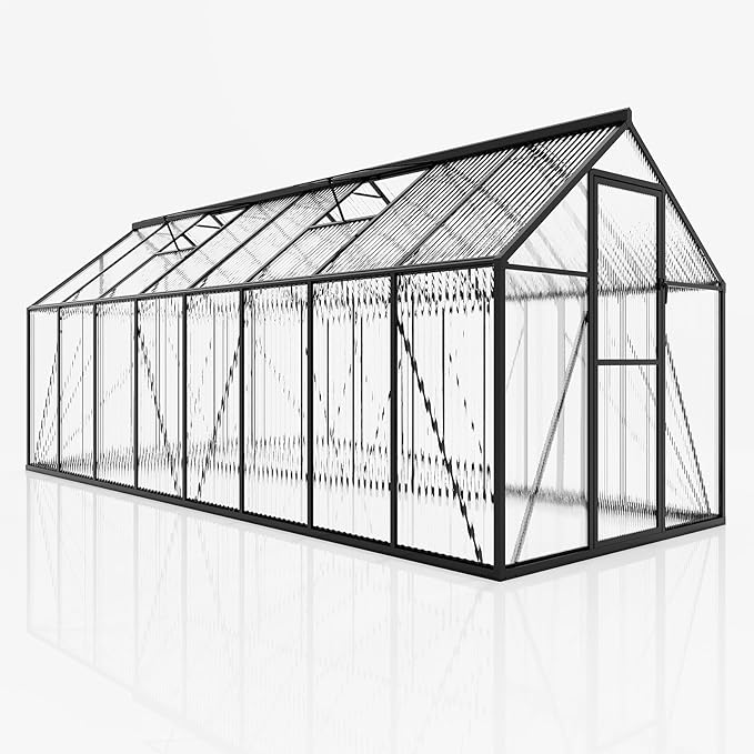AMERLIFE 6x16 Ft Polycarbonate Greenhouse for Outdoors, Walk-in Design with Aluminum Frame, 2 Windows and Swing Door, Heavy-Duty Greenhouse Construction for Garden, Black