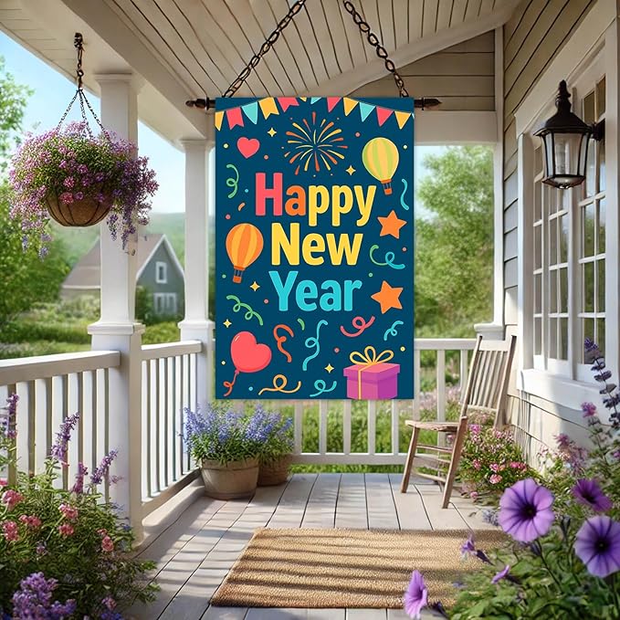 Happy New Year House Flag 28x40 Inch Double Sided Garden Flag Hot Air Balloon Gift Box and Confetti Design Winter Holiday Yard Banner Large Outdoor Flag for Porch Lawn Home Decoration