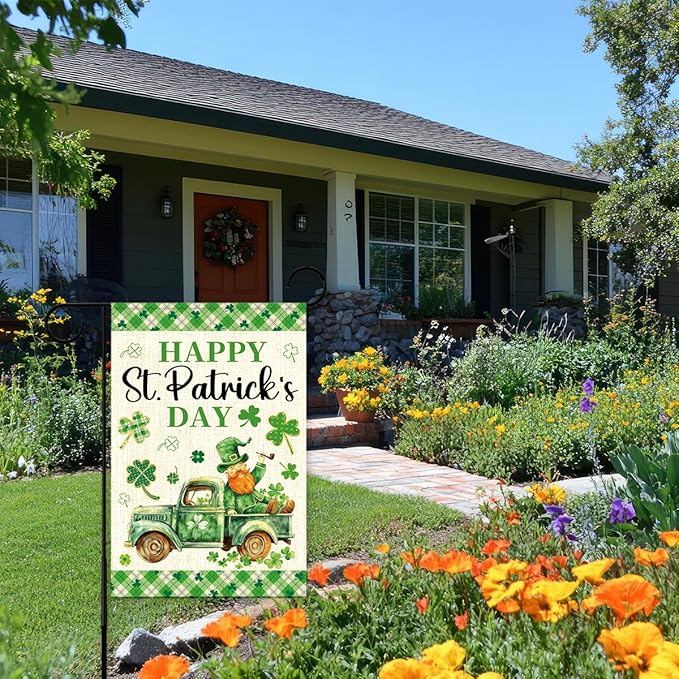Happy St Patricks Day Garden Flag 12x18 Inch Double Sided,Leprechaun Shamrocks Truck Buffalo Plaid Outdoor Irish Decor House Porch Flag for St Patrick's Day Party and Yard Decorations