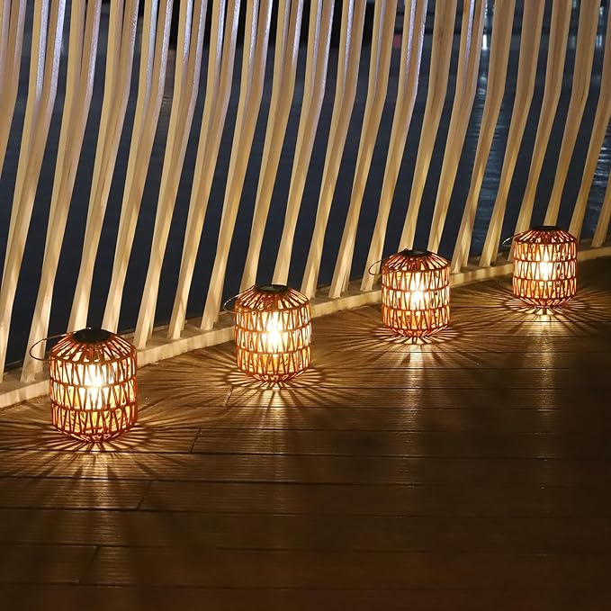 Rattan Solar Lights, 4 Pack Solar Lanterns Outdoor Waterproof, Outdoor Lights for Yard, Hanging Lantern with Handle, Decorative Lanterns for Garden, Tabletop, Tree Lighting (Bulbs Included)
