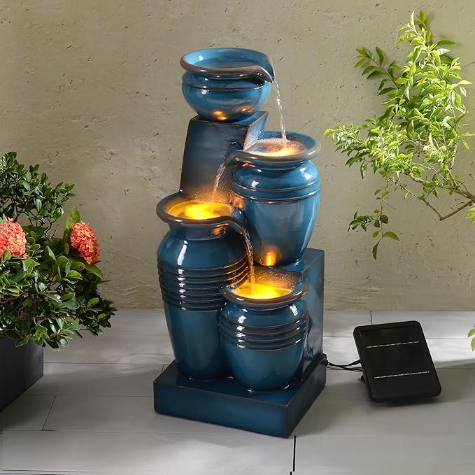 Teamson Home 28.74 in. 4-Tier Cascading Bowl Solar-Powered Water Fountain with LED Lights for Gardens, Landscaping, Patios, Balconies, Lawns, Blue
