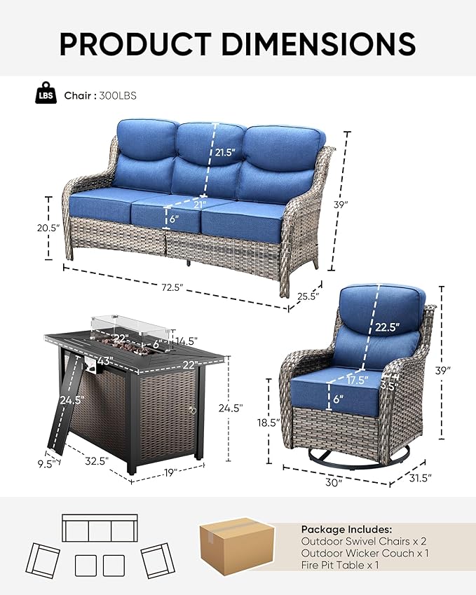 HUMMUH 4 Pieces Patio Furniture Set with Fire Pit High Back Outdoor Furniture Set 6-inch Cushions Wicker Patio Swivel Rocker Chairs for Balcony Garden,Lawn,Deck