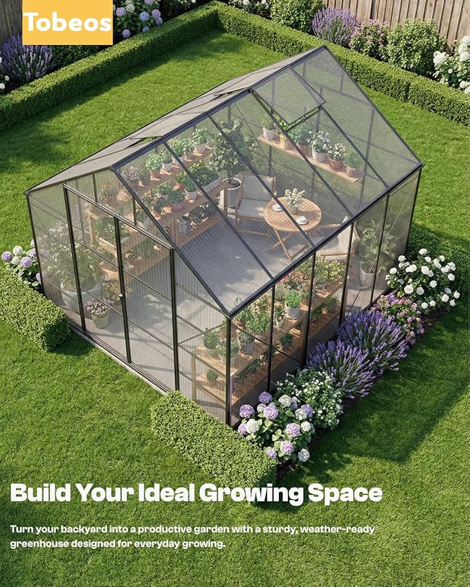6×10 FT Walk-In Greenhouse Polycarbonate Greenhouse for Outdoors, Heavy Duty Backyard Garden Greenhouse with Aluminum Frame, Clear Panels, Adjustable Roof Vent, Rain Gutter System, Patio&Garden