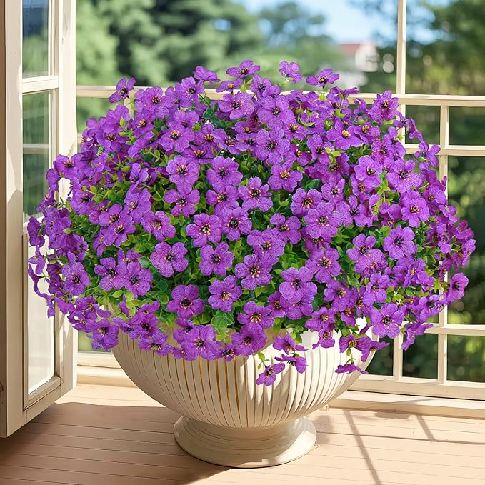 Besteek 20 Bundles Artificial Flowers for Outdoors Decoration Fake Silk Flowers UV Resistant Faux Plants Artificial Daisy Eucalyptus for Spring Summer Garden Yard Porch Window Home Decor, Purple