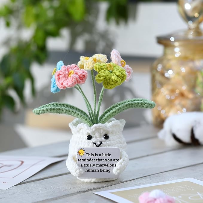 YOOJEE Forget-Me-Not Positive Crochet Flowers Plants Gift Handmade Desk Decor with Card āThis is a Little Reminderā Appreciation Inspirational Gift for Coworkers Women Employee Teacher Best Friend Mom