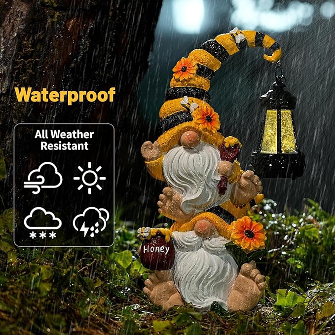 Solar Bee Garden Gnomes with LED Lantern – Waterproof Stacked Outdoor Decor for Yard, Patio – Unique Gnome Gift for Women, Mom, Grandma (Weatherproof Resin, Outdoor Statues)