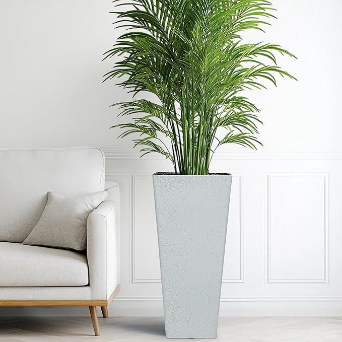 Autodaya 28" Plant Pots Tall Planters for Plants Outdoor Large Set of 2 Plastic Flower Pots Tapered Plant Containers Front Porch Decor for Garden, Patio, Deck, Indoor Terrazzo White