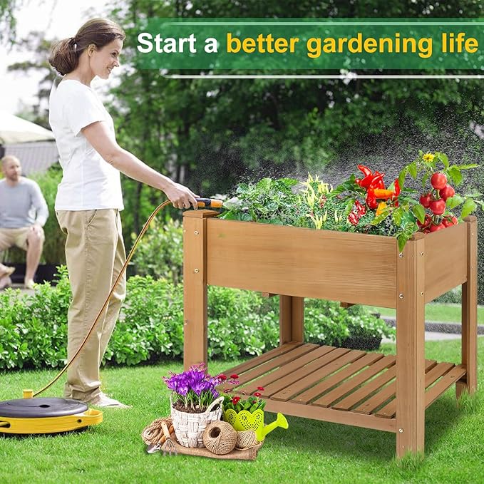 Raised Garden Beds Outdoor With Legs, Wood Elevated Garden Box With L-Connection Tabs,Storage Shelf , Leg Reinforcement,Suitable For Vegetables, Flowers And Herbs, Easy To Assemble, 33.5X18X 30IN