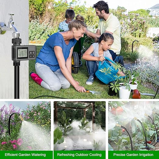HEKIWAY 60FT Drip Irrigation System with Water Timer – Automatic Garden Watering Kit with 360° Bendable Hose & Adjustable Nozzles, Smart Irrigation System for Greenhouse, Lawn, Yard & Plants
