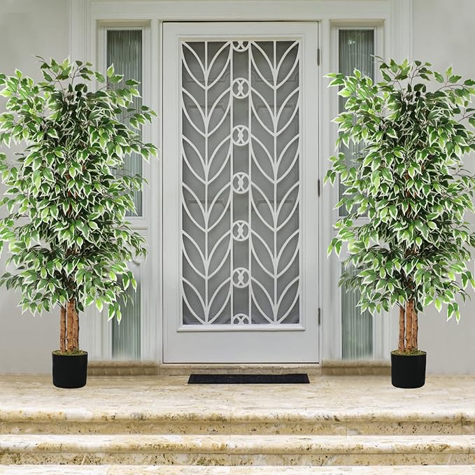 GTIDEA 6ft Artificial Tree Ficus, Tall Faux Trees Indoor with Natural Trunk and Fake Silk Tree Fake Plants for Home Spring Decor Living Room Outdoor Balcony House Office (Included Dried Moss)