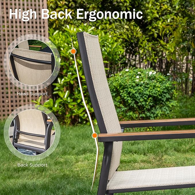 PHI VILLA Outdoor Stackable Chairs, Patio Chairs Set of 6, Light Weight Aluminum Frame with Textilene Fabric & Wood Armrest, High Back Deck Chairs for Poolside Lawn Garden, Beige