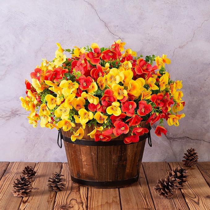 Artificial Pansies Faux Flowers Plants for Outdoor Outside Decoration, 12 Bundles Fake Pansy UV Resistant Realistic Silk Flowers Bouquets with Eucalyptus for Planter Front Door Garden Porch Patio Yard