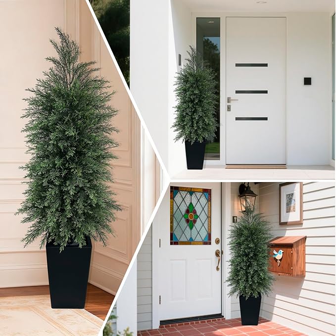 5FT Artificial Topiary Tree with Tall Black Planter Beautiful Realistic Faux Cedar Pines Christmas Trees UV Rated Fake Shrubs for Front Porch Faux Plants Indoor and Outdoor Decor (1 Pack)