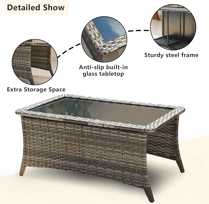 HUMMUH 4 Piece Patio Conversation Furniture Set PE Wicker Rattan Outdoor Loveseat Sofa,Patio Chairs,Coffee Table for Garden,Poolside,Backyard,Deck