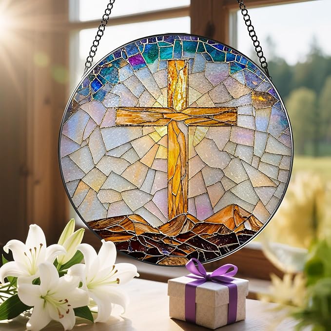 8-Inch Catholic Cross Stained Glass Suncatcher, Stained Glass Window Hanging, Religious Ornament, Christian Home Decor, Sun Catcher Window Decor ā Gift for Christmas, Christian Gifts, Religious Gifts