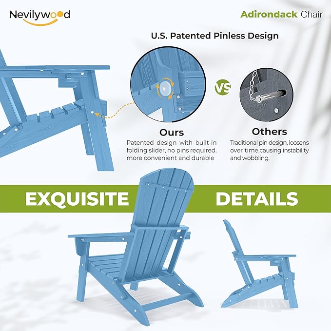 nevilywood Folding Adirondack Chair with Cup Holder,All-Weather Adirondack Chair,Patio Chair,HDPE-Wooden Textured Lawn Chair- Light Blue