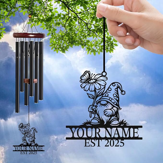 Personalized Customize Name Gnome Wind Chime, Metal Iron 37 Inch Outdoor Memorial Gift for Garden Yard Patio Home Decor, Black,Christmas (Style A)