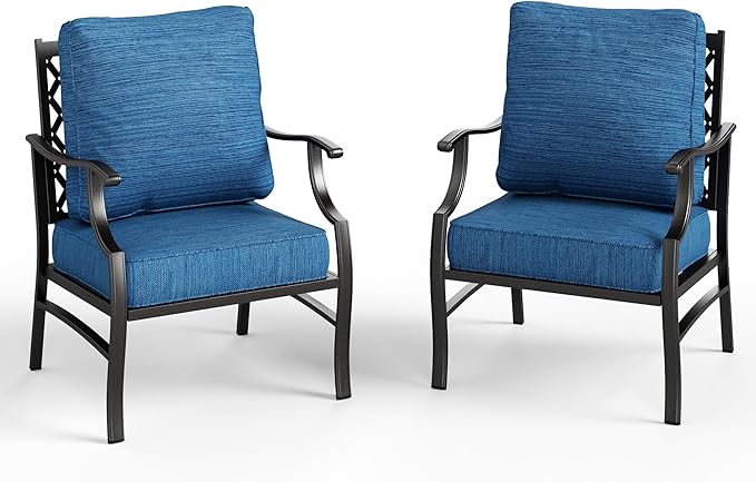 Patio Chairs Set of 2, High Back Outdoor Patio Metal Leg Chairs with 5.75" Thick Cushions for Bistro Balcony Porch Deck and Yard, Peacock Blue