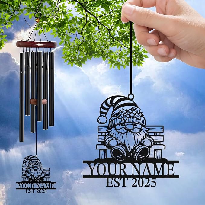 Personalized Customize Name Gnome Wind Chime, Metal Iron 37 Inch Outdoor Memorial Gift for Garden Yard Patio Home Decor, Black,Christmas (Style C)