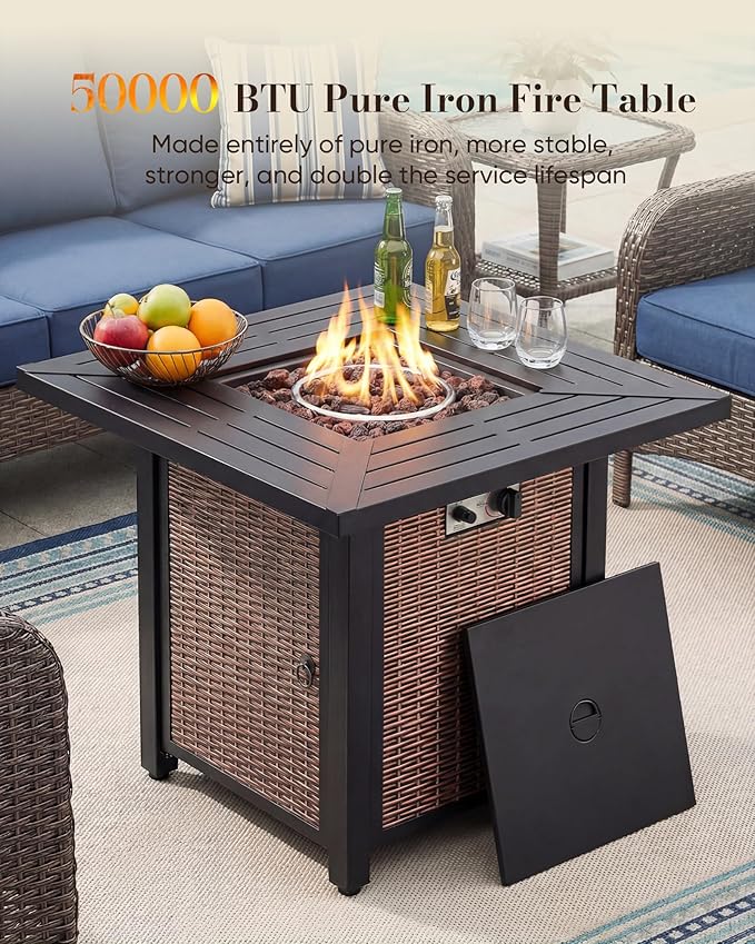 Belord Upgraded 6“ Cushion Luxury 7 Piece Patio Furniture Set with Fire Pit Table - Outdoor Furniture Set with High Back Swivel Rocker Patio Chairs, Conversation Set for Deck Porch Yard - Brown/Blue