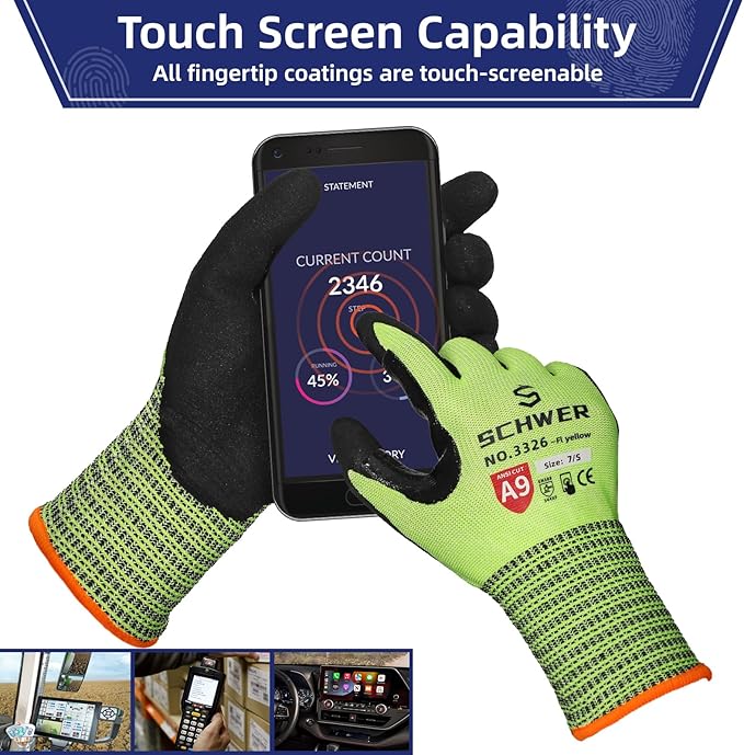 Schwer ProGuard Highest Level Cut Resistant Work Gloves PR3326 for Extreme Protection,ANSI A9 Cut Gloves with Reinforced Thumb, Non Slip, Breathable, Cooling, Durable, Touch-screen, Yellow 1 Pair(XL)