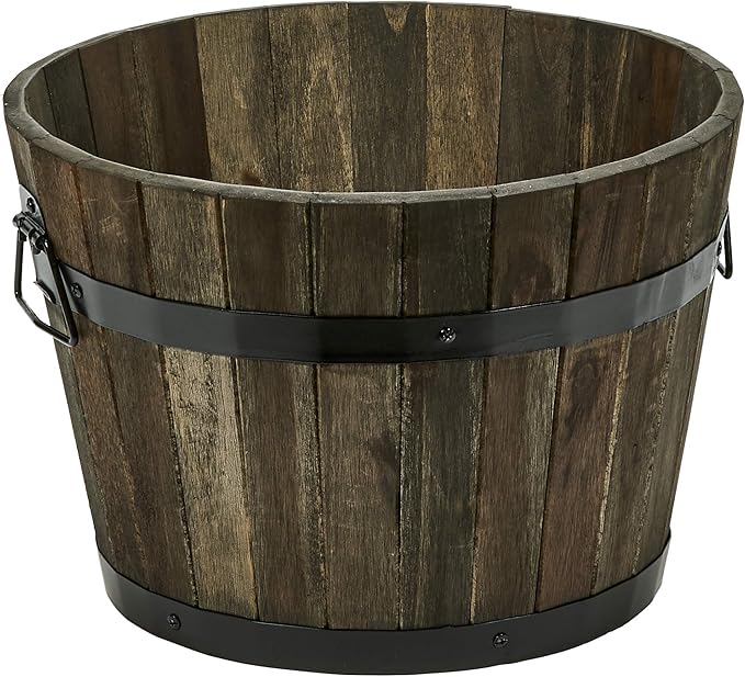 Worth Imports Wood Barrel Planter with Brown Oil, 15", 15", 10"
