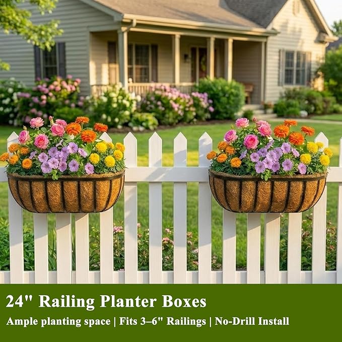 30 Inch Railing Planter Boxes 2 Pack Metal Window Box Planters with Coco Coir Liners, Horse Trough Planter with Adjustable Brackets for Deck Balcony Fence Porch Patio Outdoor Garden