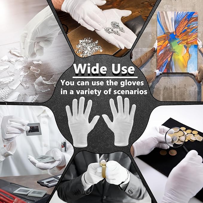 12 Pairs White Cotton Gloves Soft Cloth Dust Hand Gloves Work for Men Women Art Crafting Handling, Eczema, BBQ, Coin Jewelry Watch Inspection, Dry Hands Sleeping, Archival, X-Large